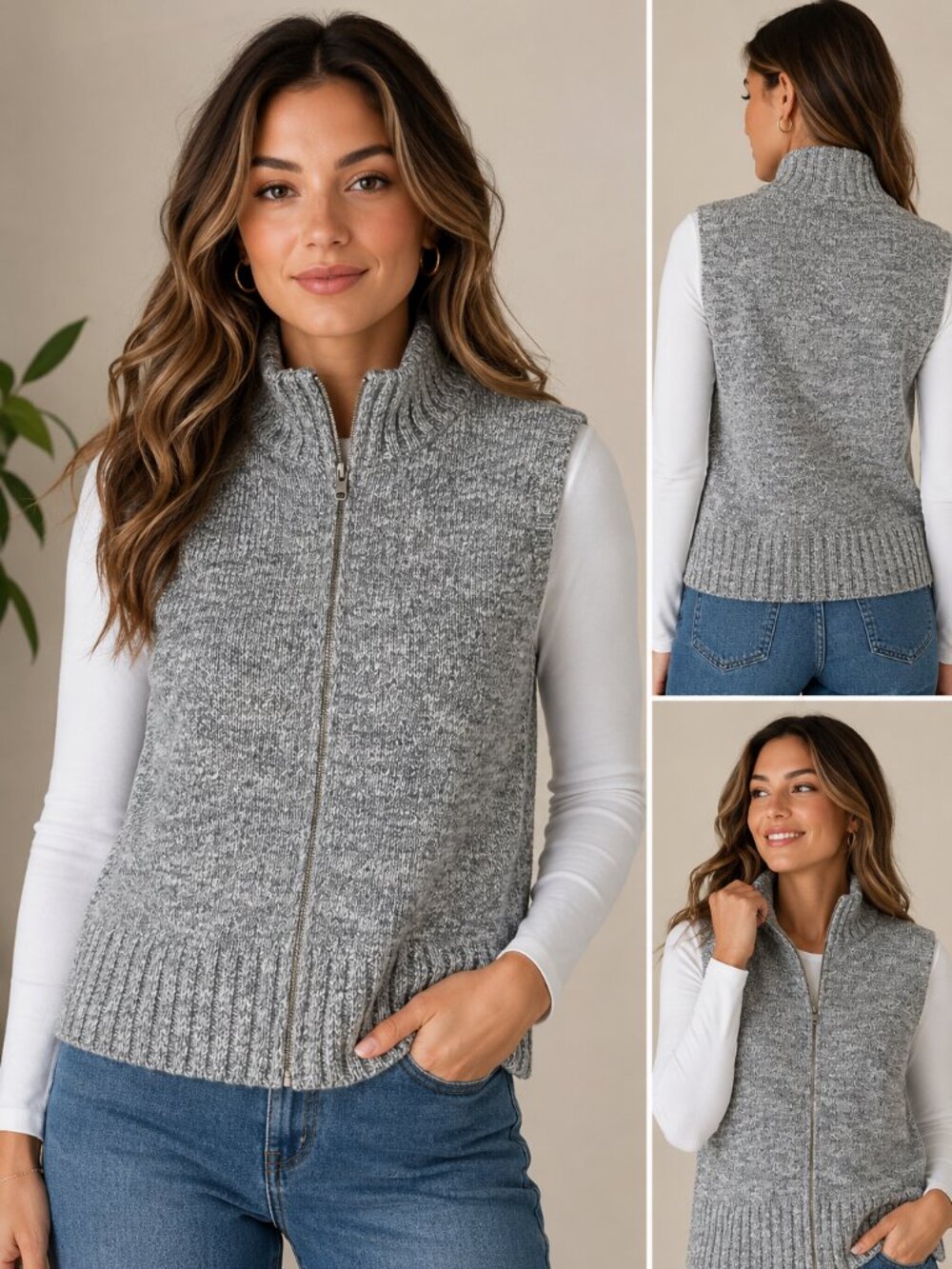 J Jill Size L Gray Vest Marled Wool Alpaca Blend Full Zip Sleeveless Sweater